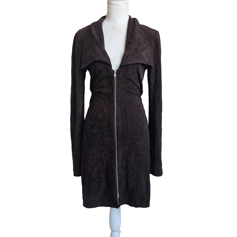 Vtg Betsey Johnson Luxe Womens Brown Velour Zip Front Long Sleeve Midi Dress S‎